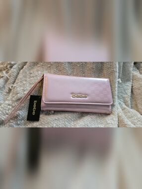 bebe Light Pink Patent Wristlet Wallet with Gold Logo